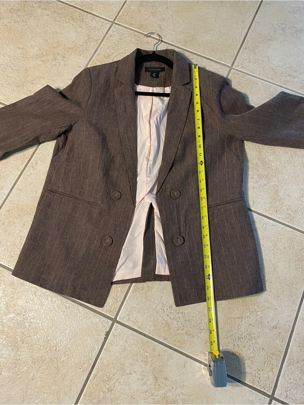 Tahari Linen Brown Pinstripe Women's open Blazer